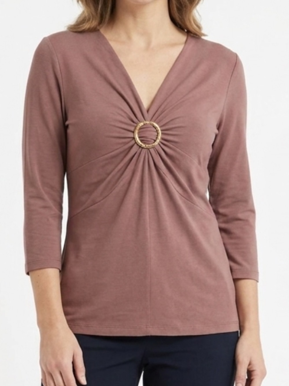 Anne Klein vintage Y2K size medium Brown Pink long sleeve top wooden ring detail